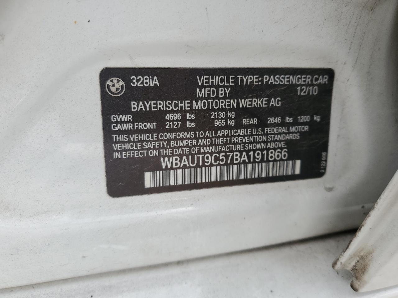 2011 BMW 328 I VIN: WBAUT9C57BA191866 Lot: 84757085