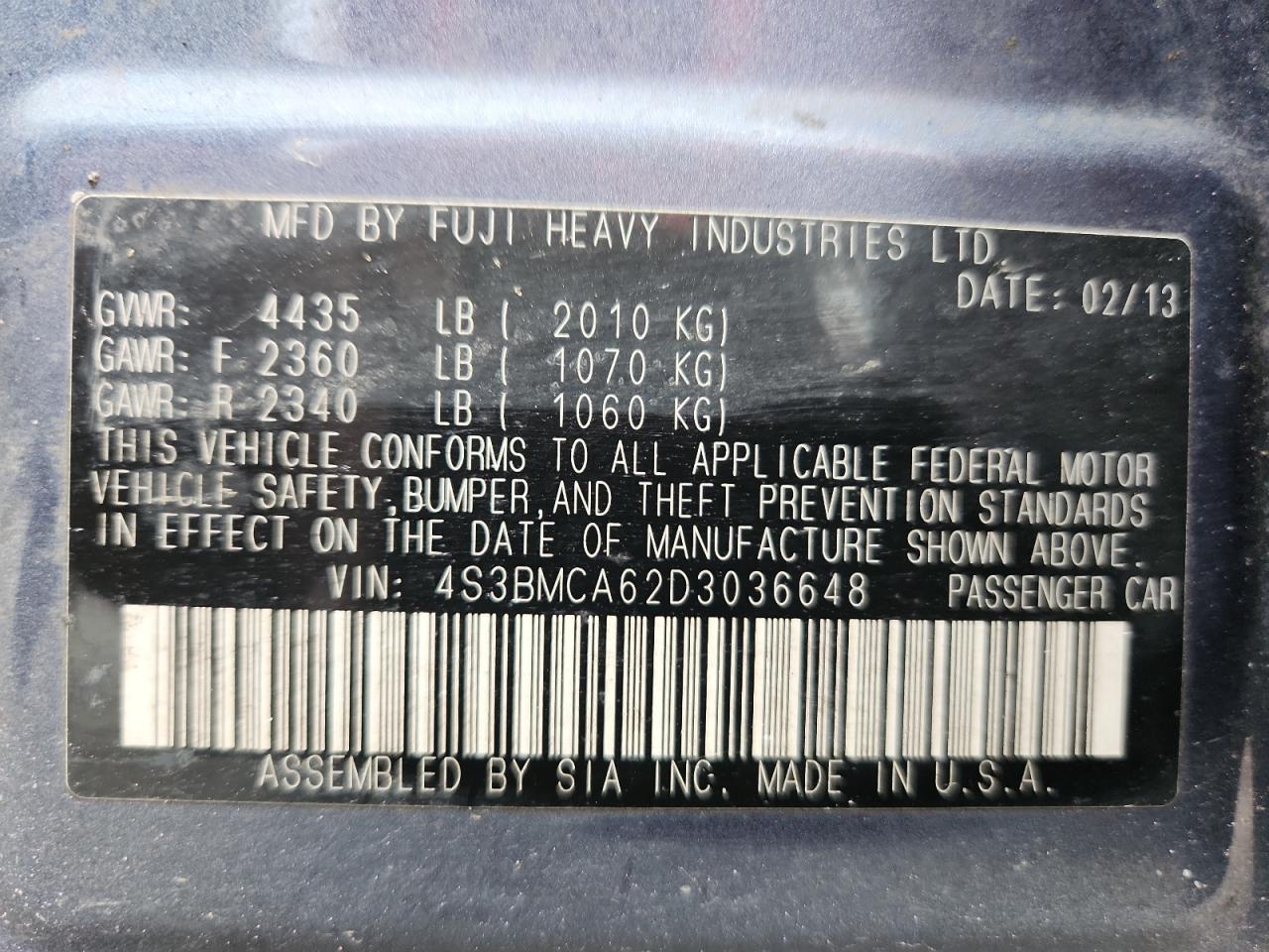 2013 Subaru Legacy 2.5I VIN: 4S3BMCA62D3036648 Lot: 85595165