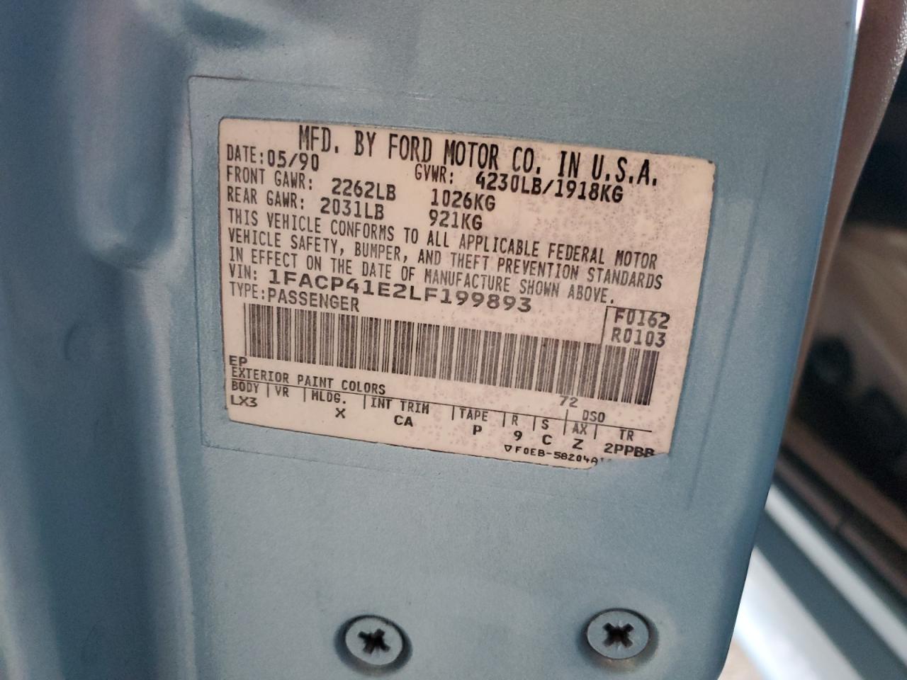 1990 Ford Mustang Lx VIN: 1FACP41E2LF199893 Lot: 86123705