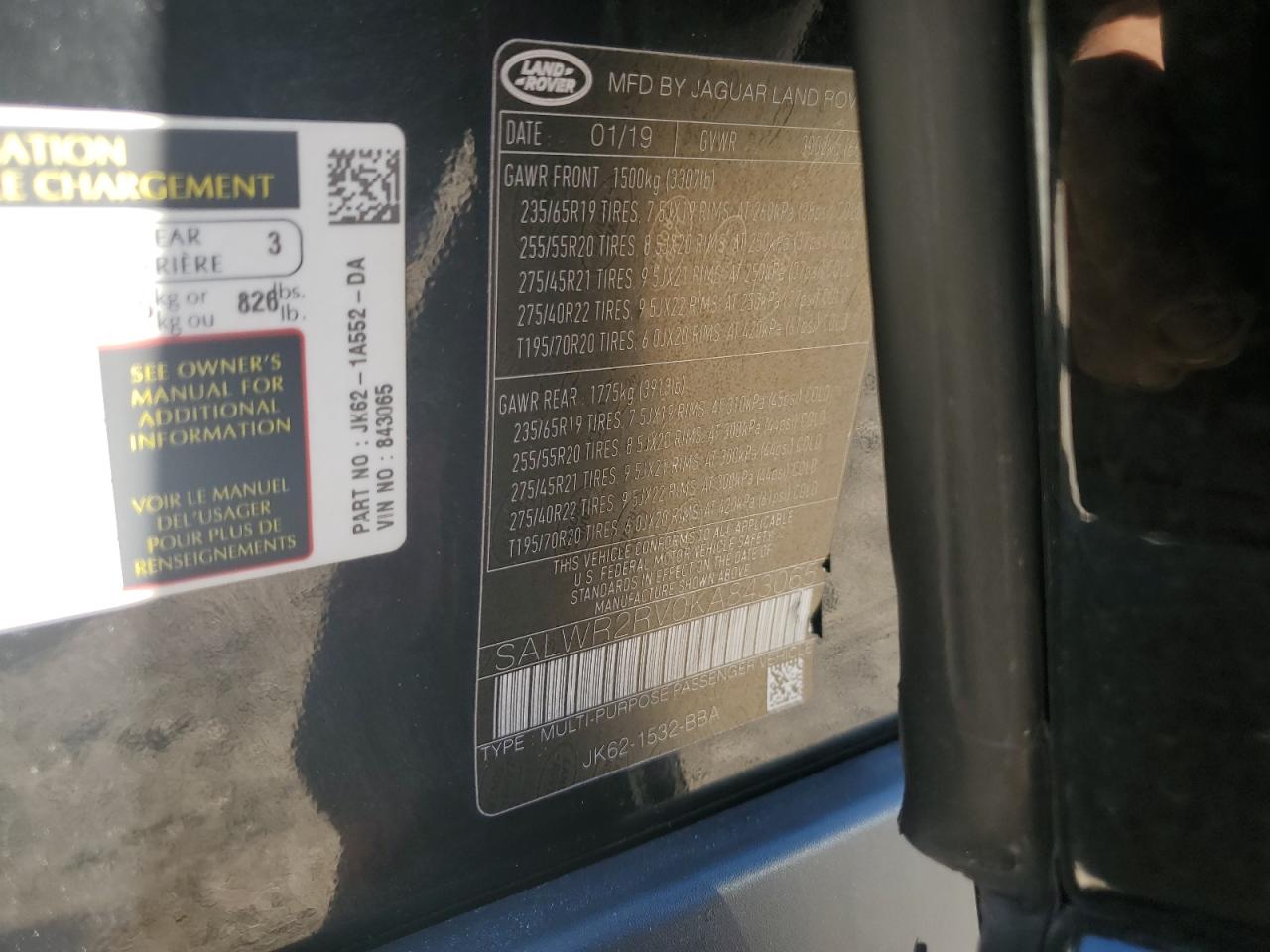 2019 Land Rover Range Rover Sport Hse VIN: SALWR2RV0KA843065 Lot: 84736395