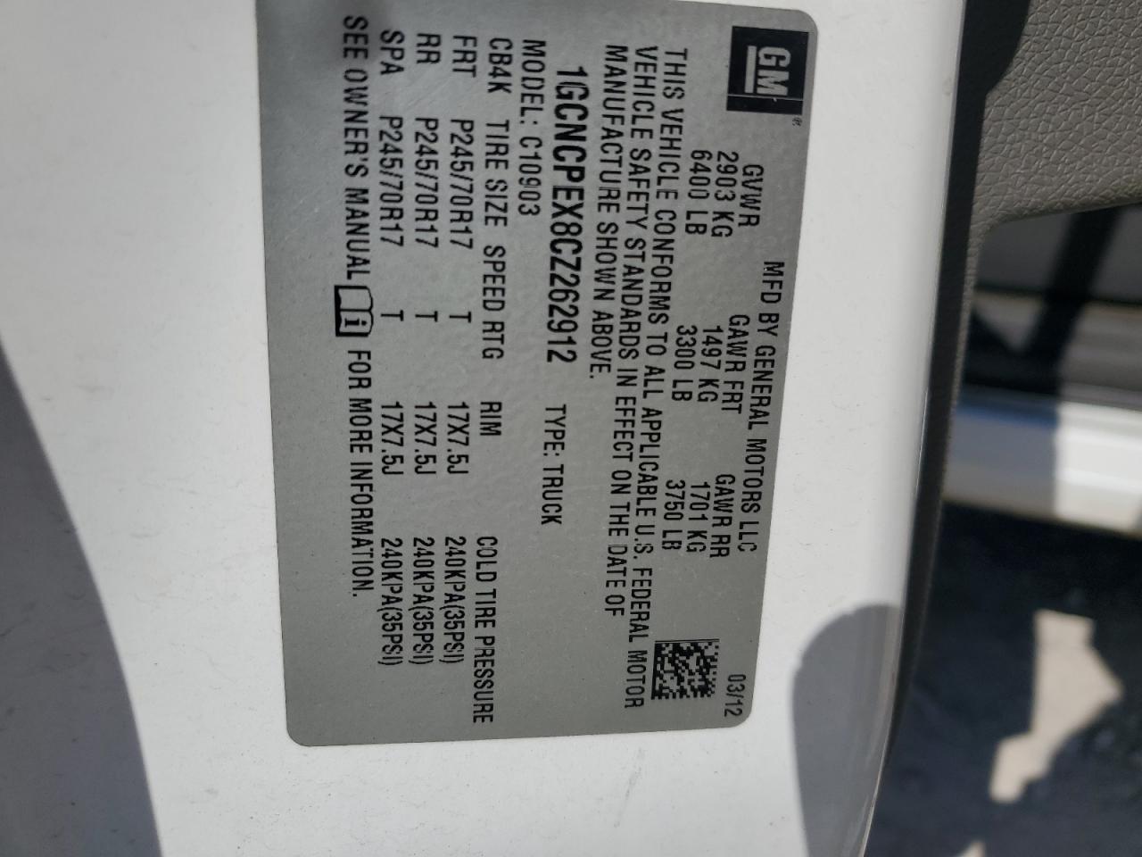 2012 Chevrolet Silverado C1500 VIN: 1GCNCPEX8CZ262912 Lot: 82400925