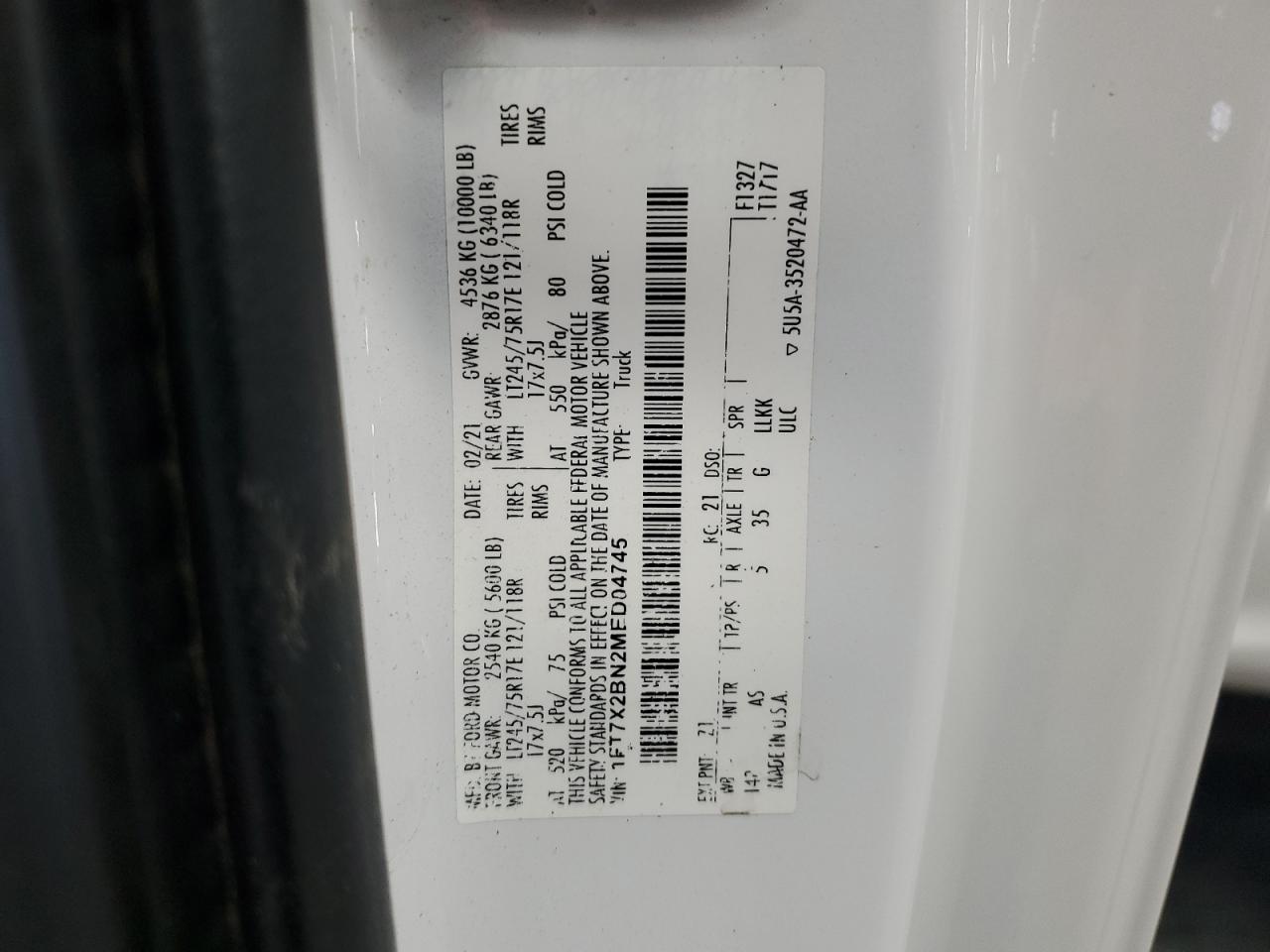 2021 Ford F250 Super Duty VIN: 1FT7X2BN2MED04745 Lot: 90912255