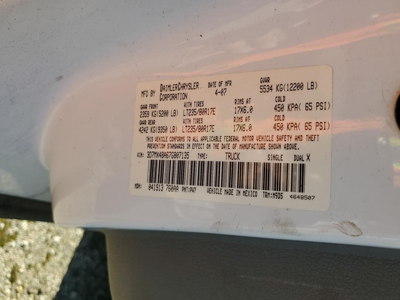 2007 Dodge Ram 3500 St VIN: 3D7MX48A67G807135 Lot: 85548875