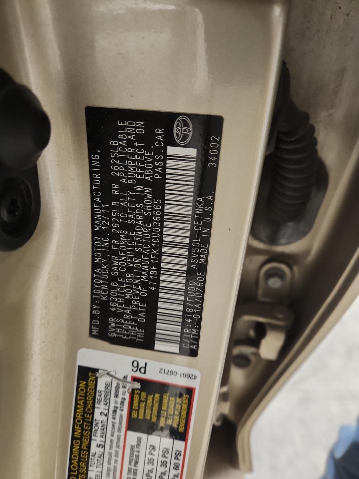 2012 Toyota Camry Base VIN: 4T1BF1FK1CU036665 Lot: 82379265