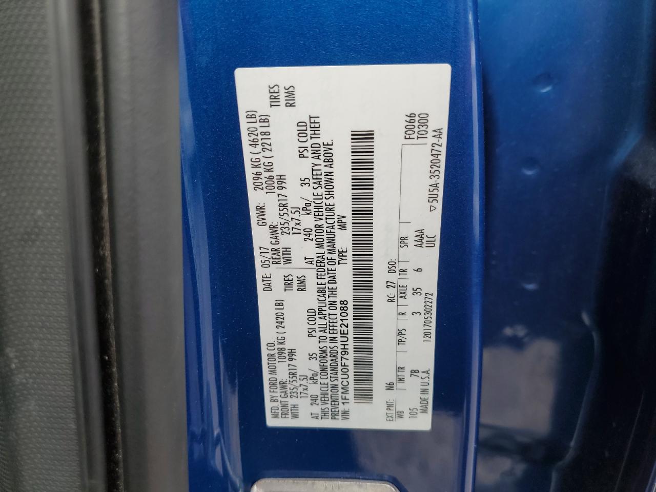 2017 Ford Escape S VIN: 1FMCU0F79HUE21088 Lot: 84922525