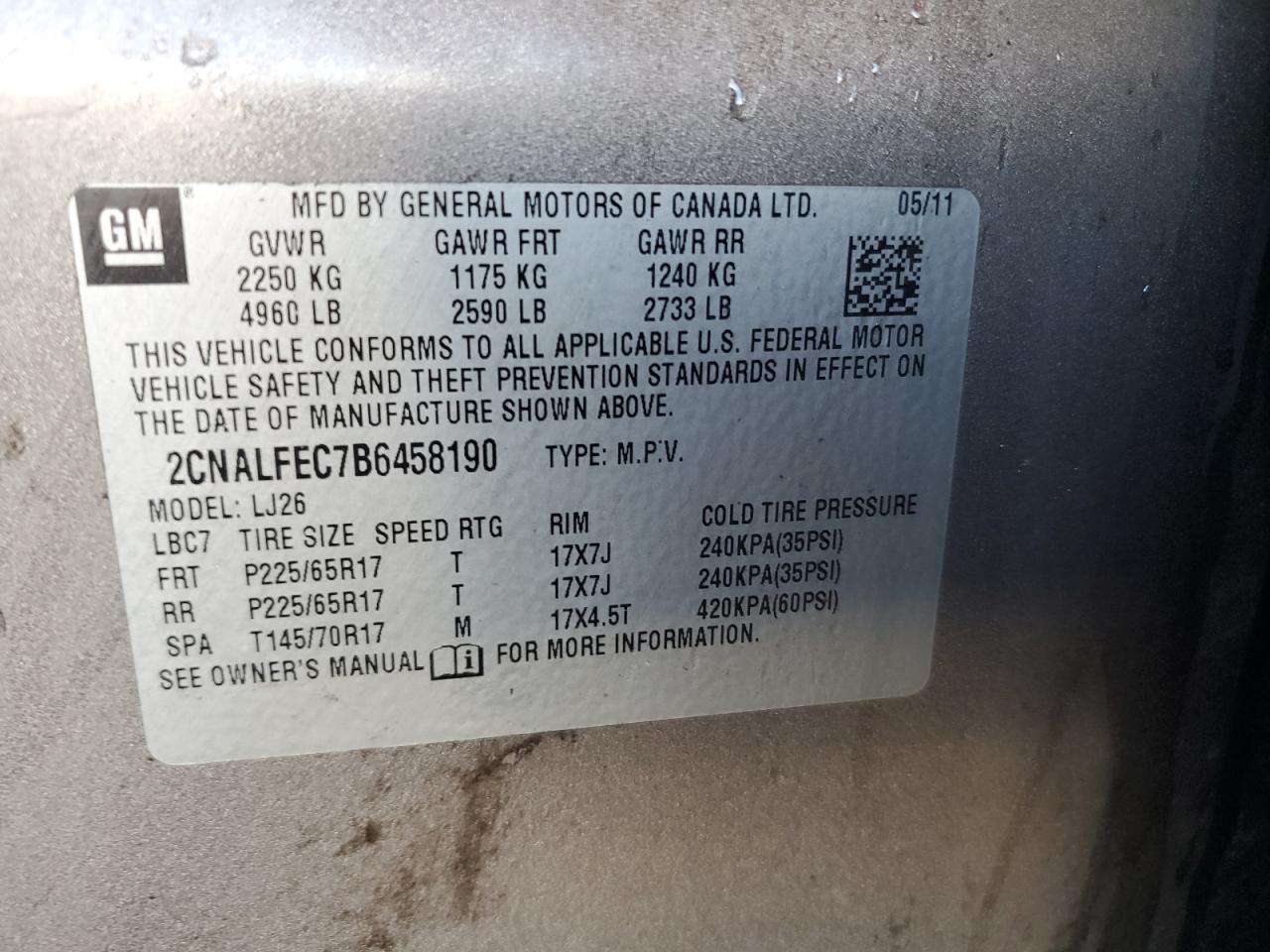 2011 Chevrolet Equinox Ltz VIN: 2CNALFEC7B6458190 Lot: 82316615