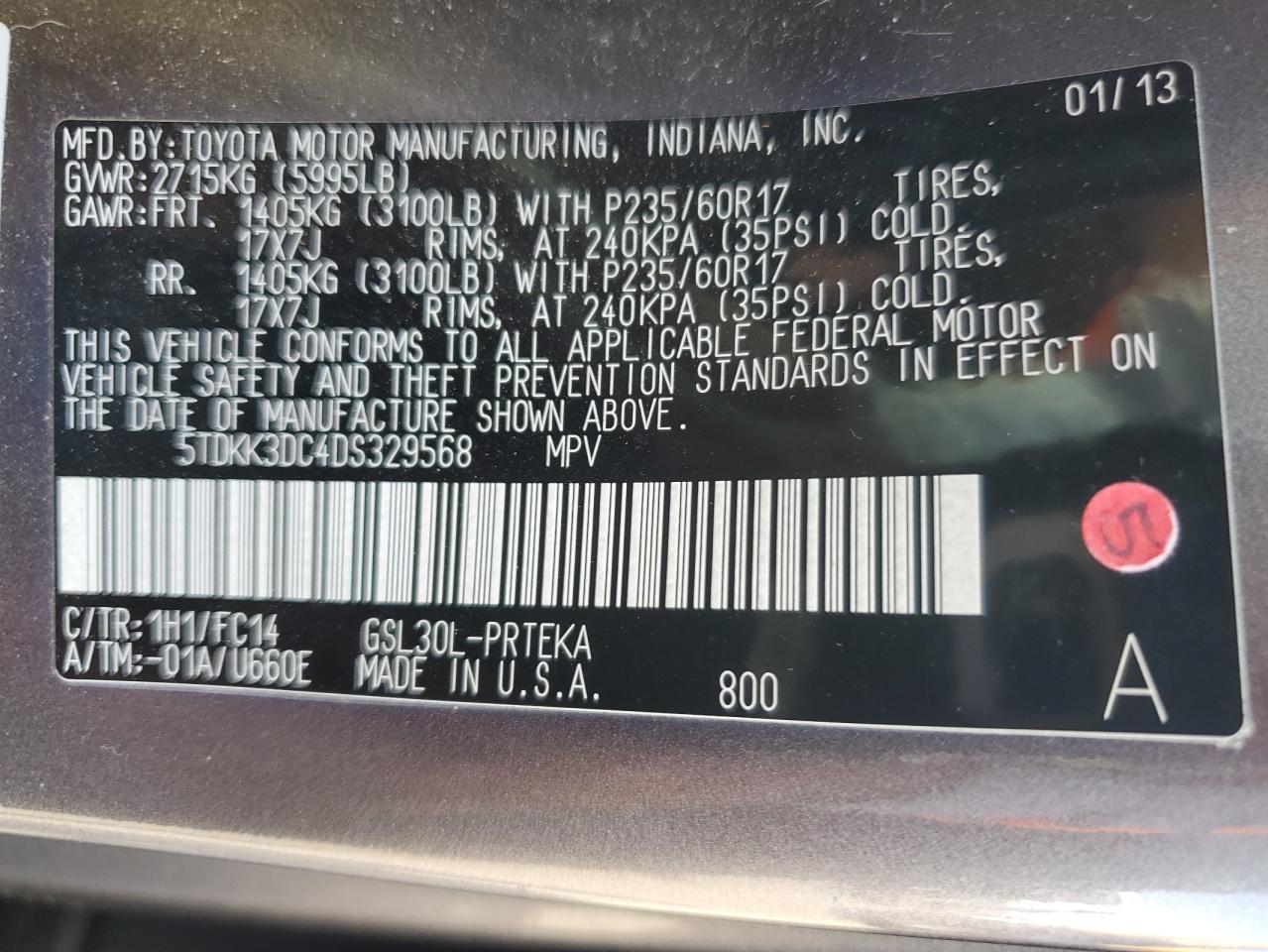 2013 Toyota Sienna Le VIN: 5TDKK3DC4DS329568 Lot: 82250405