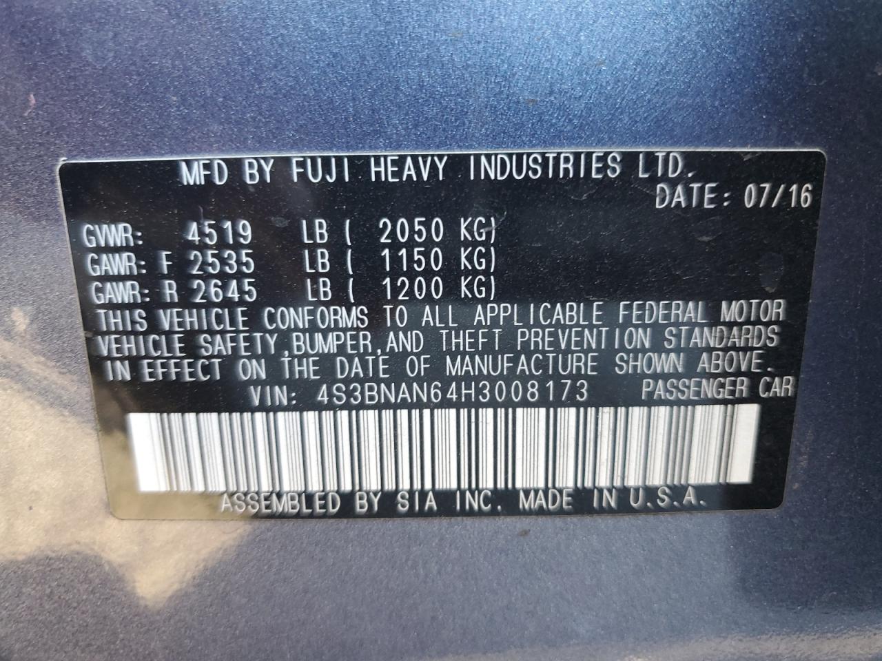 2017 Subaru Legacy 2.5I Limited VIN: 4S3BNAN64H3008173 Lot: 82320585