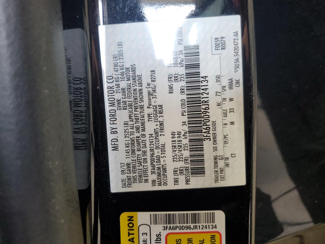 2018 Ford Fusion Titanium/Platinum VIN: 3FA6P0D96JR124134 Lot: 91062205