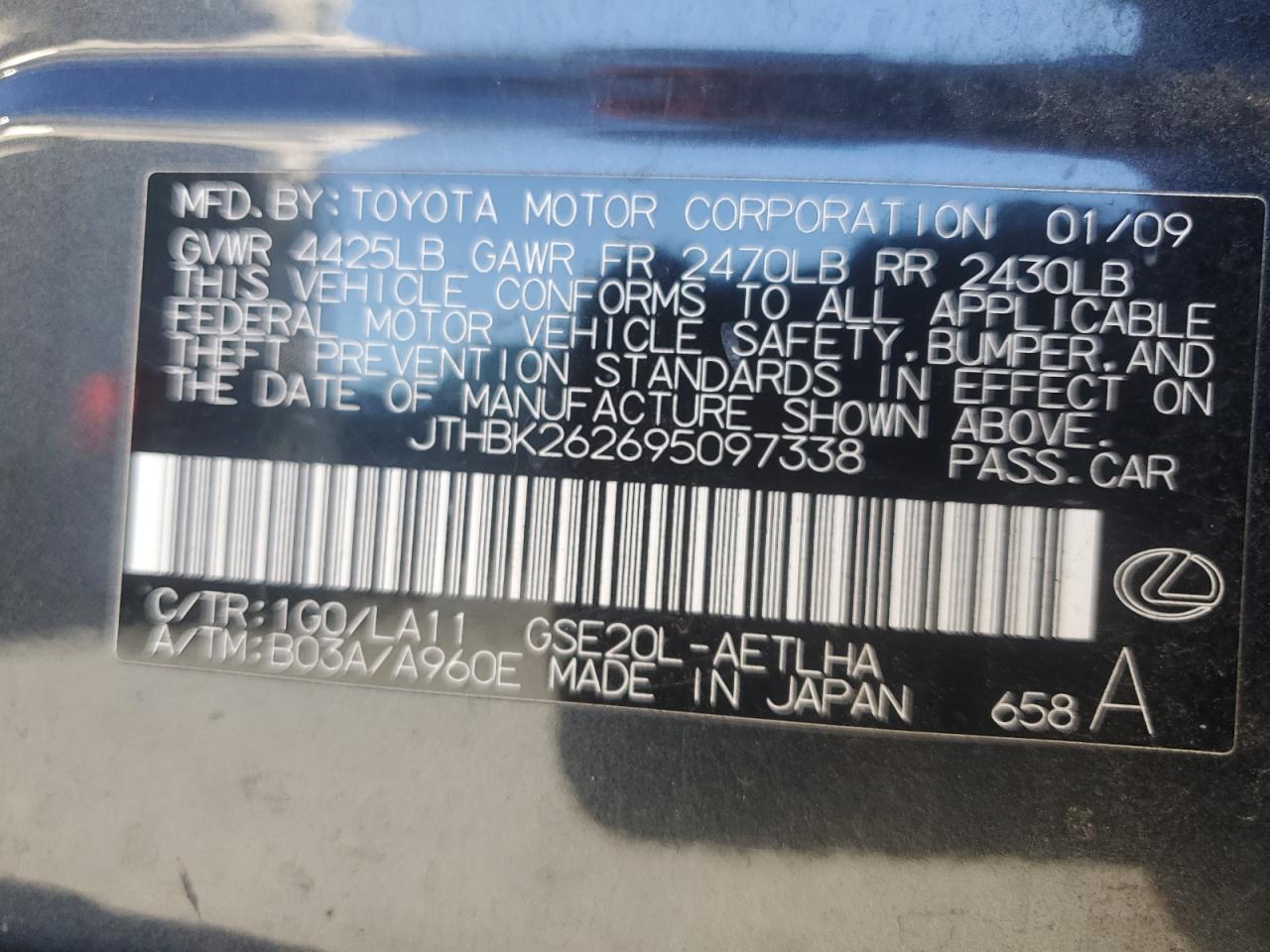 2009 Lexus Is 250 VIN: JTHBK262695097338 Lot: 90708945