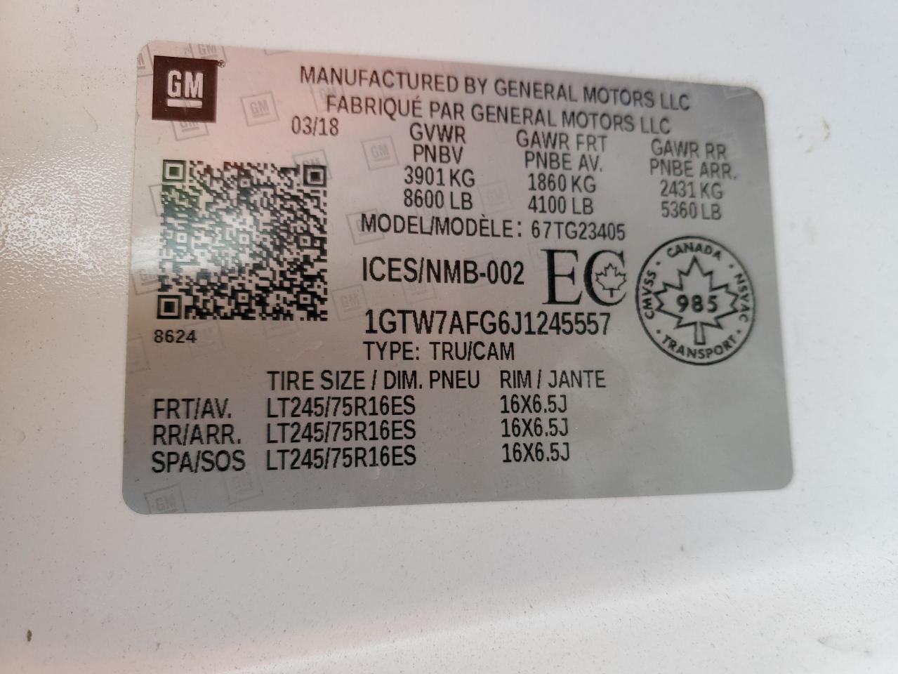 2018 GMC Savana G2500 VIN: 1GTW7AFG6J1245557 Lot: 85353085