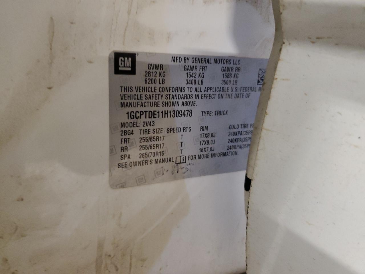 2017 Chevrolet Colorado Z71 VIN: 1GCPTDE11H1309478 Lot: 82426955