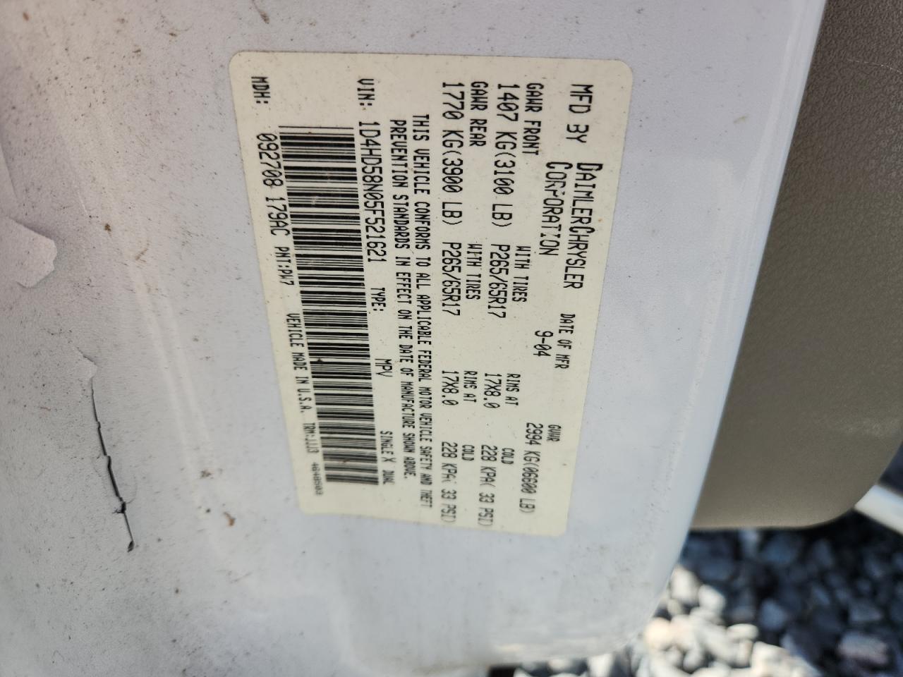 2005 Dodge Durango Limited VIN: 1D4HD58N05F521621 Lot: 90830185