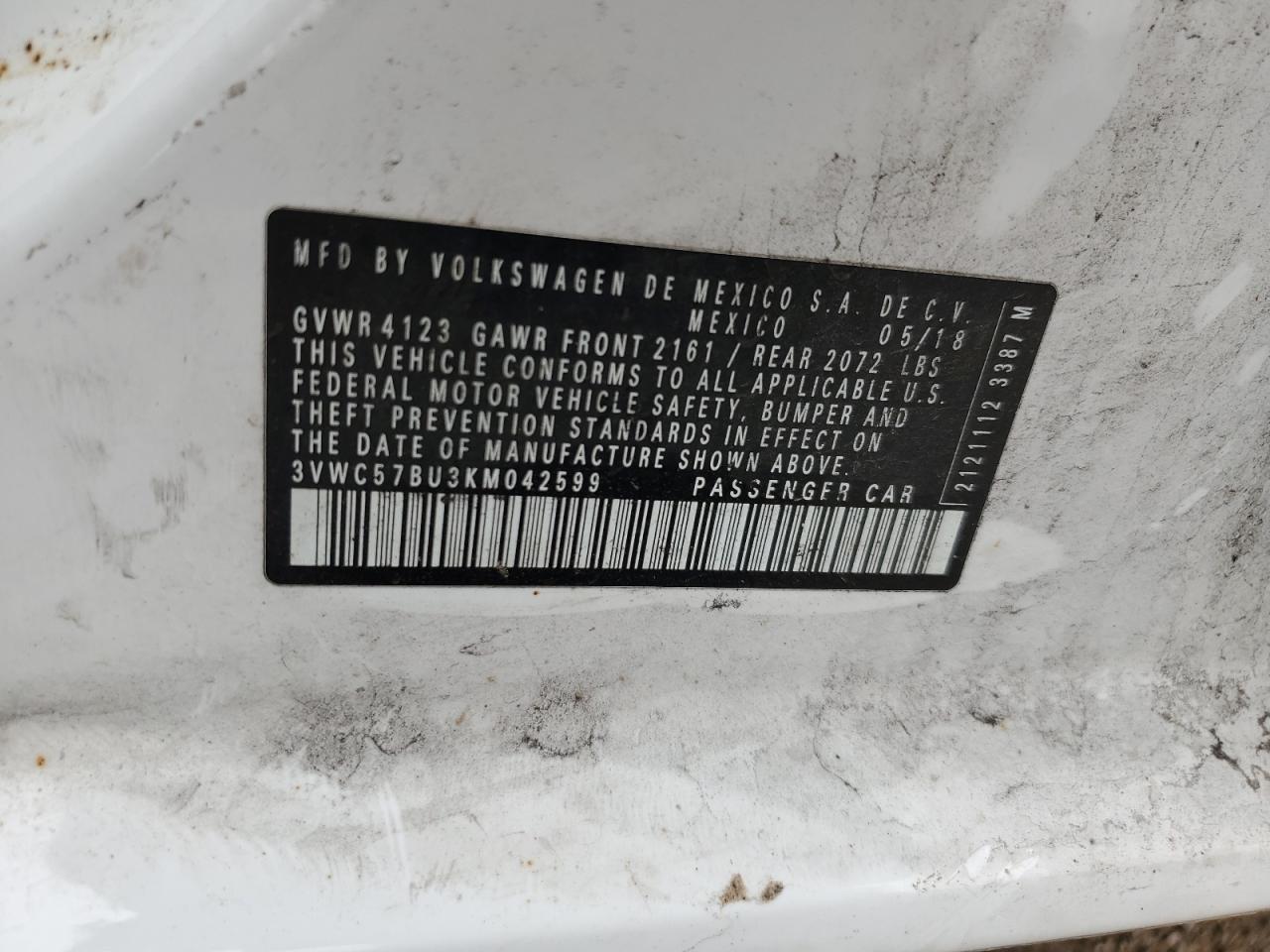 2019 Volkswagen Jetta S VIN: 3VWC57BU3KM042599 Lot: 85495895