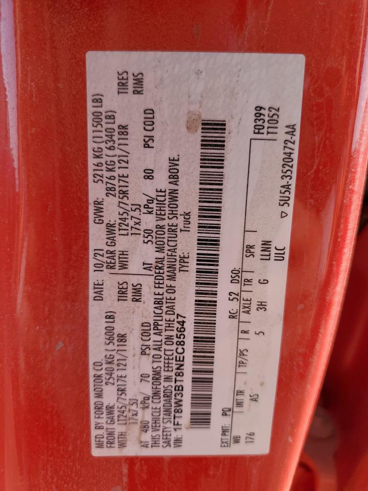 2022 Ford F350 Super Duty VIN: 1FT8W3BT8NEC85647 Lot: 90694545