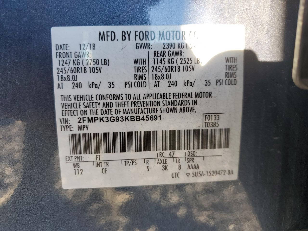 2019 Ford Edge Se VIN: 2FMPK3G93KBB45691 Lot: 82292195