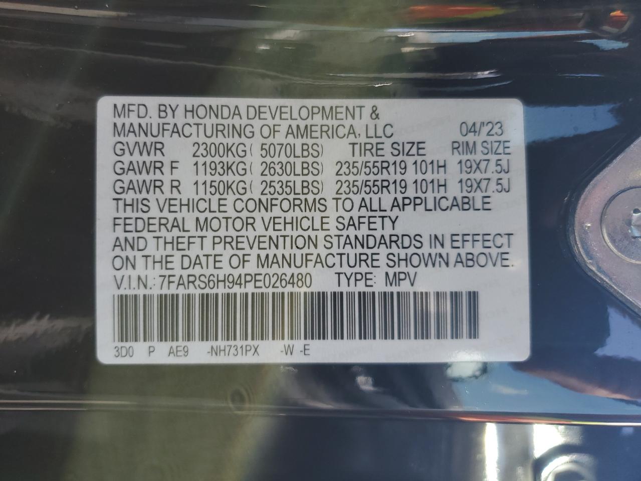 2023 Honda Cr-V Sport Touring VIN: 7FARS6H94PE026480 Lot: 85112305