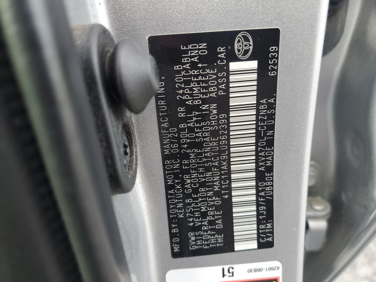 2020 Toyota Camry Le VIN: 4T1C11AK9LU962399 Lot: 84988705