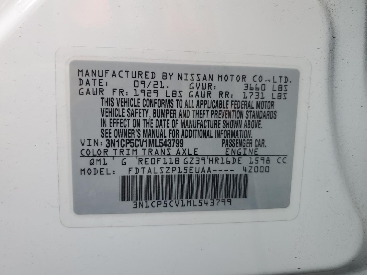 2021 Nissan Kicks Sv VIN: 3N1CP5CV1ML543799 Lot: 89674585