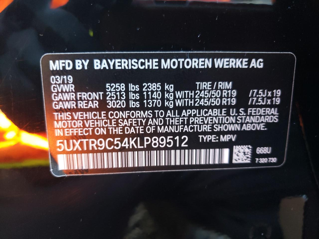 2019 BMW X3 xDrive30I VIN: 5UXTR9C54KLP89512 Lot: 82419295