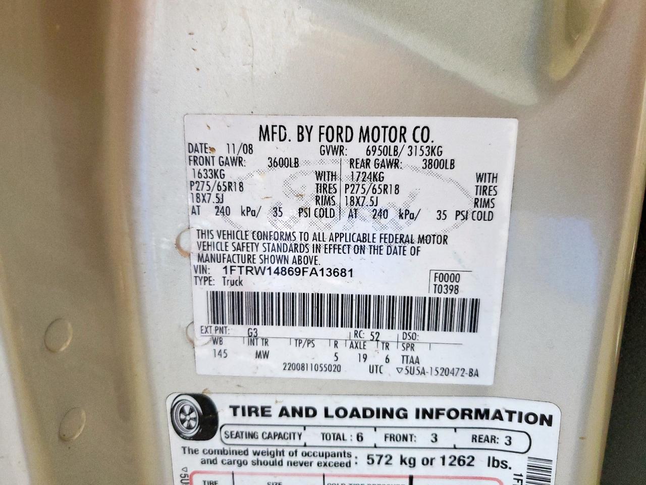 2009 Ford F150 Supercrew VIN: 1FTRW14869FA13681 Lot: 85858865