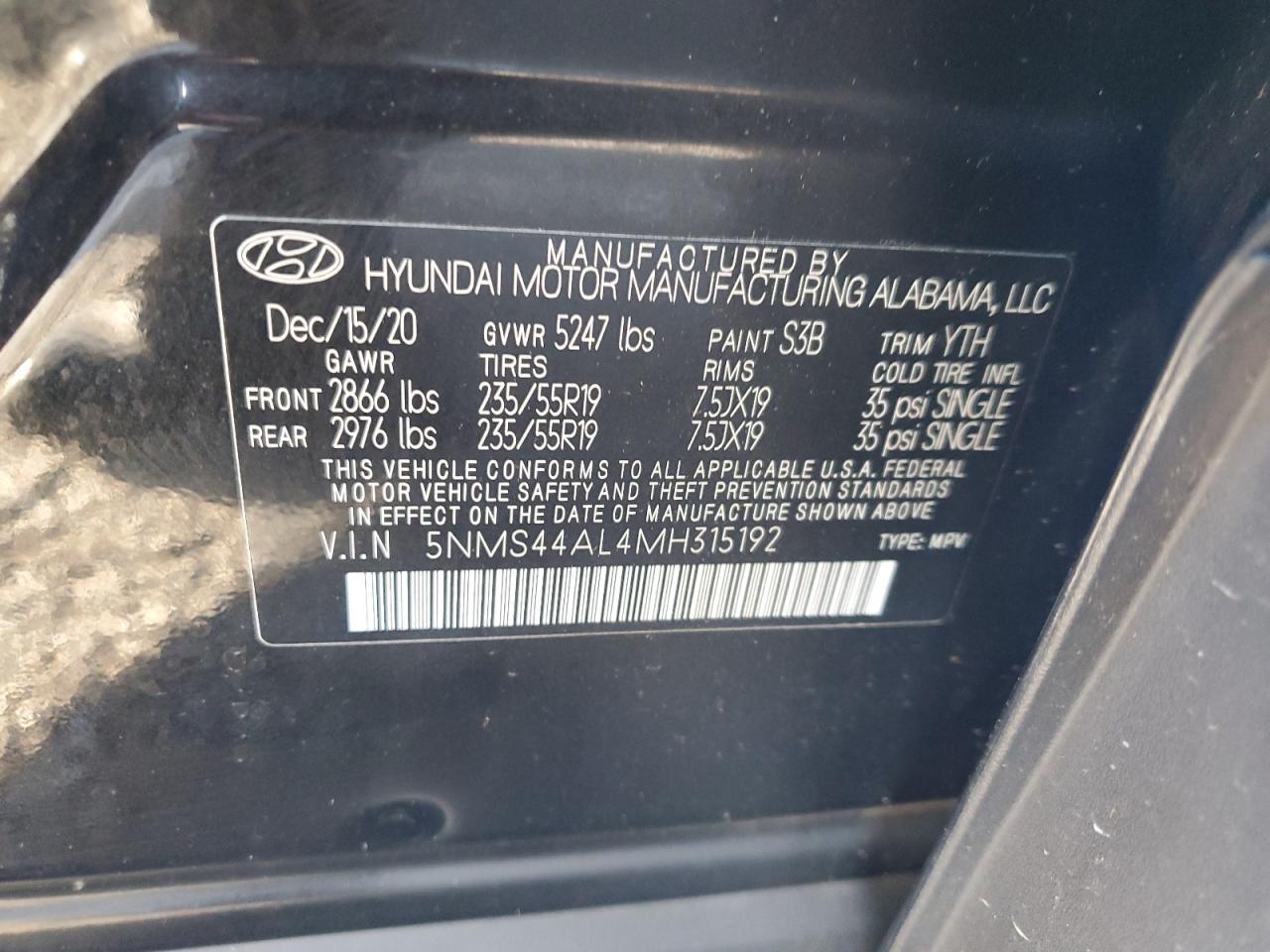 2021 Hyundai Santa Fe Limited VIN: 5NMS44AL4MH315192 Lot: 86278455