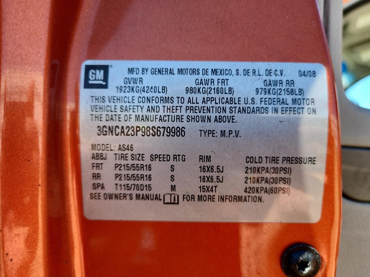 2008 Chevrolet Hhr Lt VIN: 3GNCA23P98S679986 Lot: 82692435