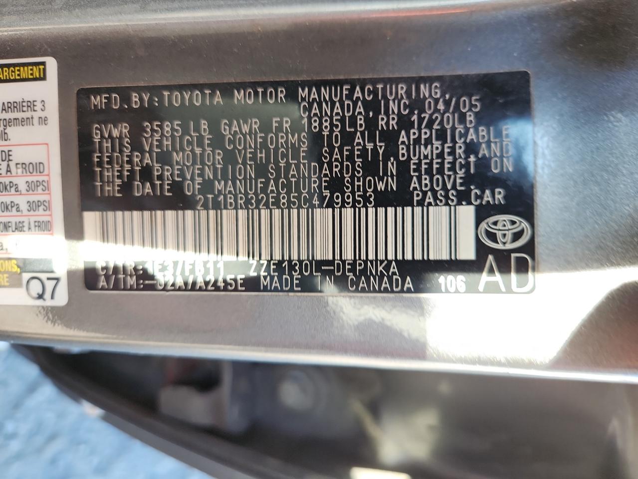 2005 Toyota Corolla Ce VIN: 2T1BR32E85C479953 Lot: 84707865