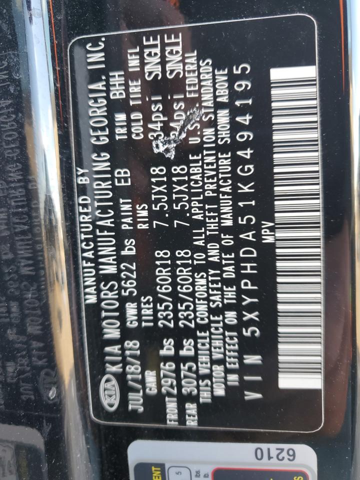 2019 Kia Sorento Ex VIN: 5XYPHDA51KG494195 Lot: 90694225