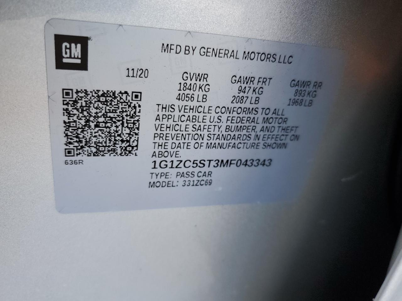 2021 Chevrolet Malibu Ls VIN: 1G1ZC5ST3MF043343 Lot: 86069755