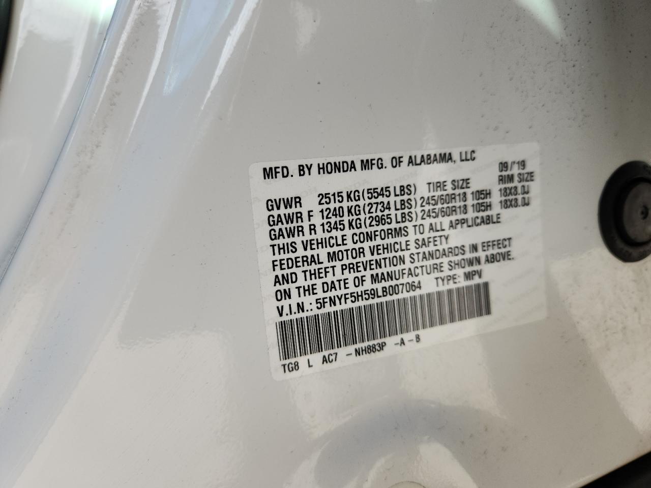 2020 Honda Pilot Exl VIN: 5FNYF5H59LB007064 Lot: 85782605