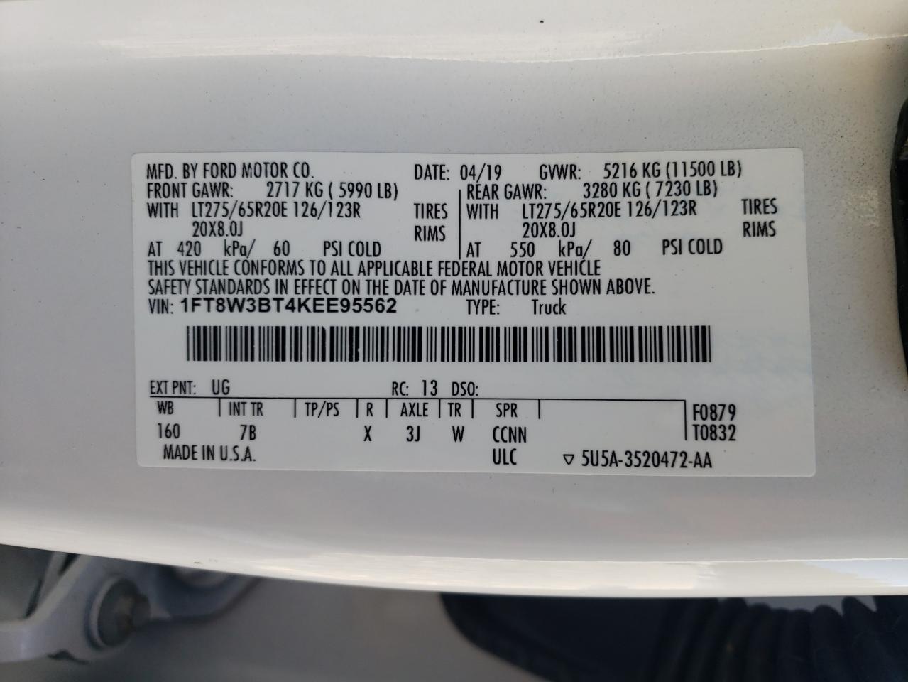 2019 Ford F350 Super Duty VIN: 1FT8W3BT4KEE95562 Lot: 80890225