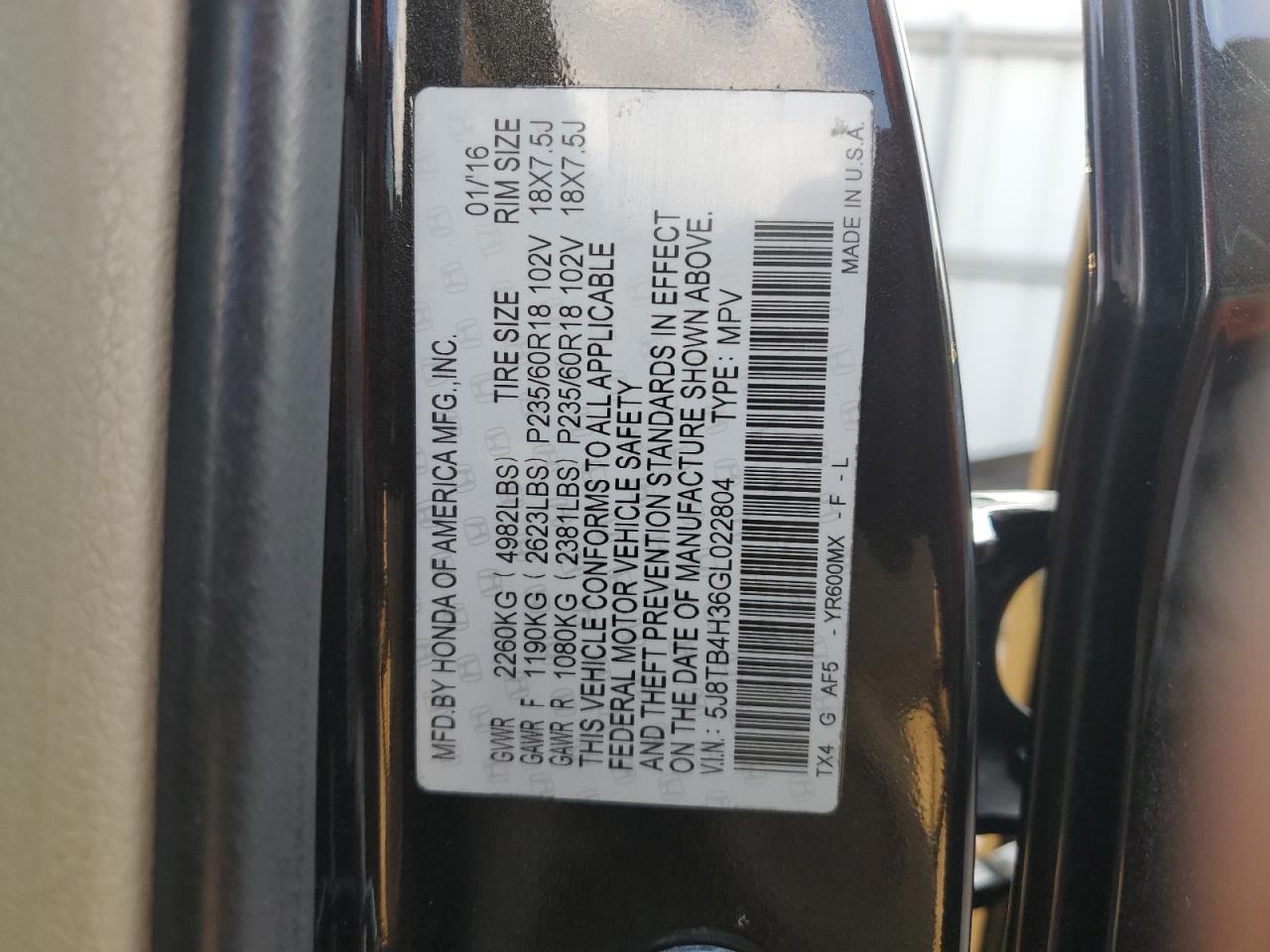 2016 Acura Rdx VIN: 5J8TB4H36GL022804 Lot: 86183815