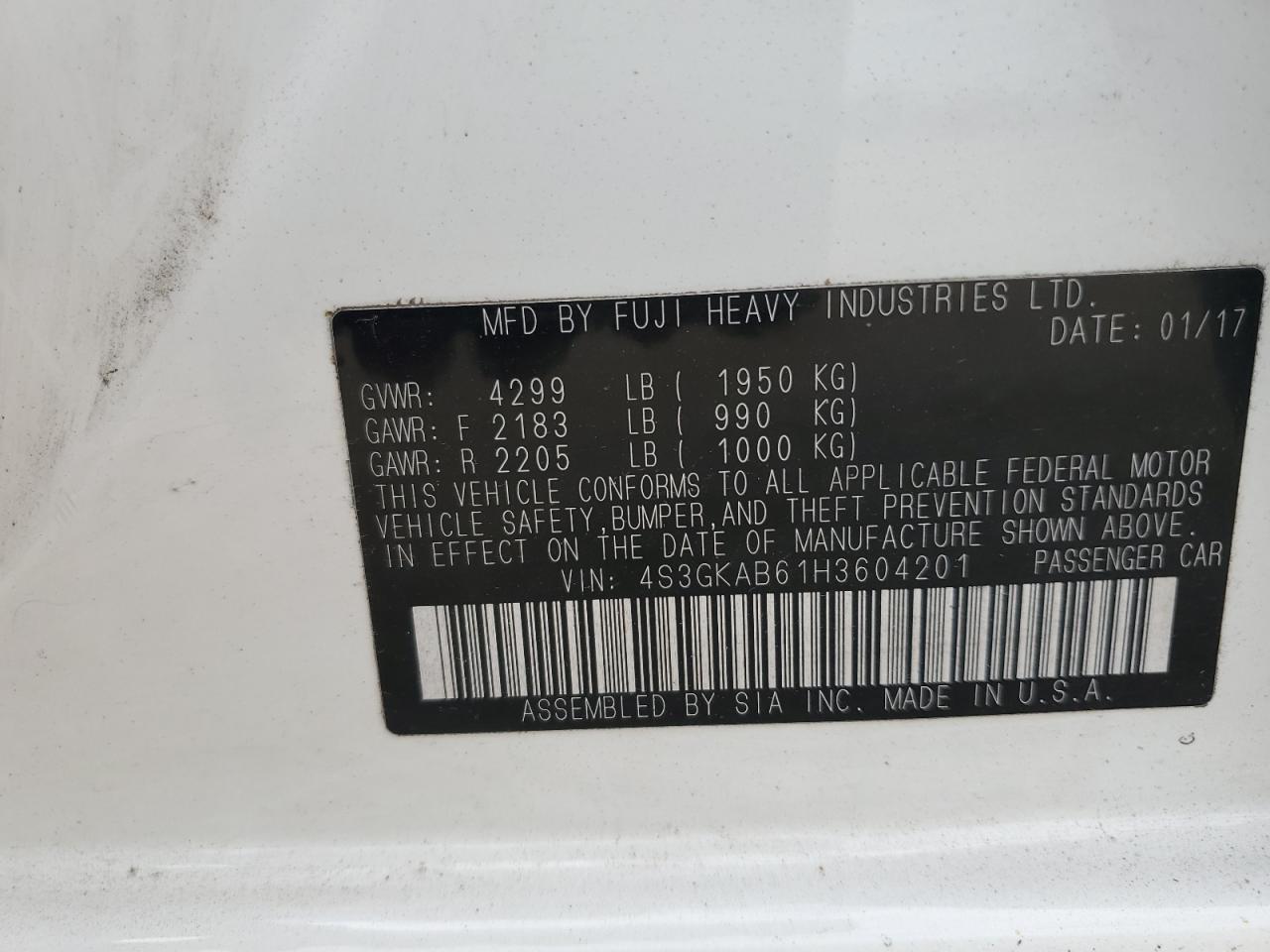 2017 Subaru Impreza Premium VIN: 4S3GKAB61H3604201 Lot: 85917895