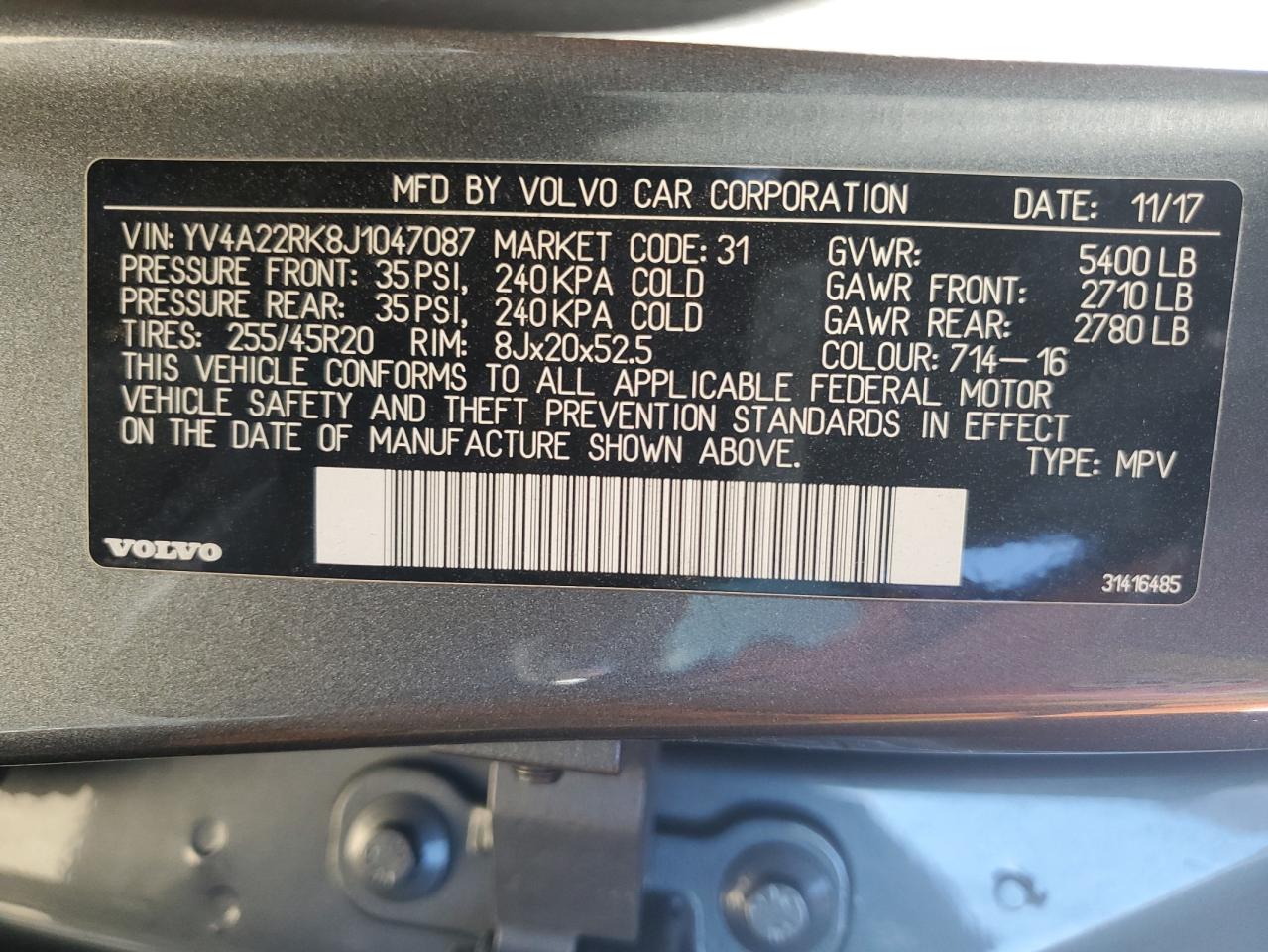 2018 Volvo Xc60 T6 Momentum VIN: YV4A22RK8J1047087 Lot: 89646245