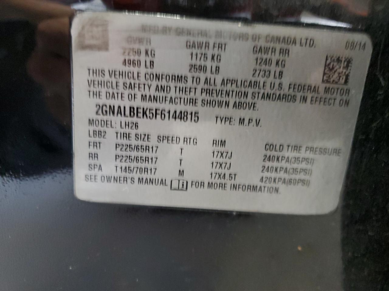 2015 Chevrolet Equinox Lt VIN: 2GNALBEK5F6144815 Lot: 84774705