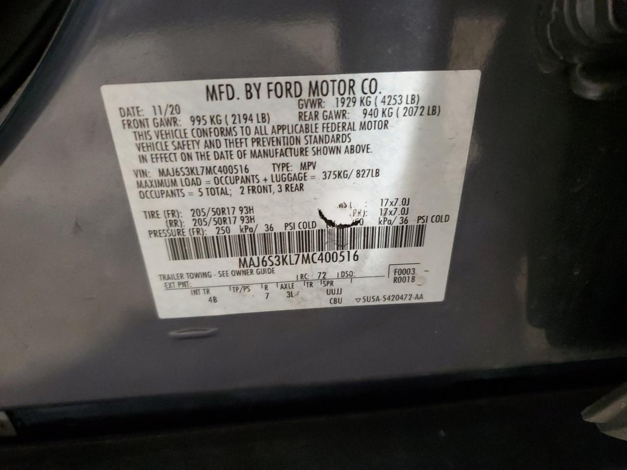 2021 Ford Ecosport Titanium VIN: MAJ6S3KL7MC400516 Lot: 84443365