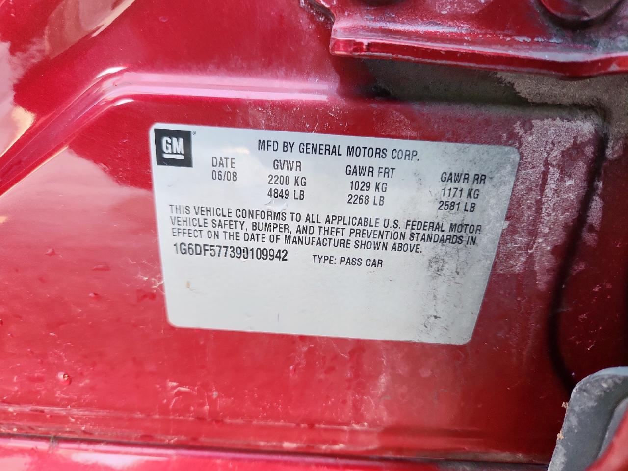 2009 Cadillac Cts VIN: 1G6DF577390109942 Lot: 85129935