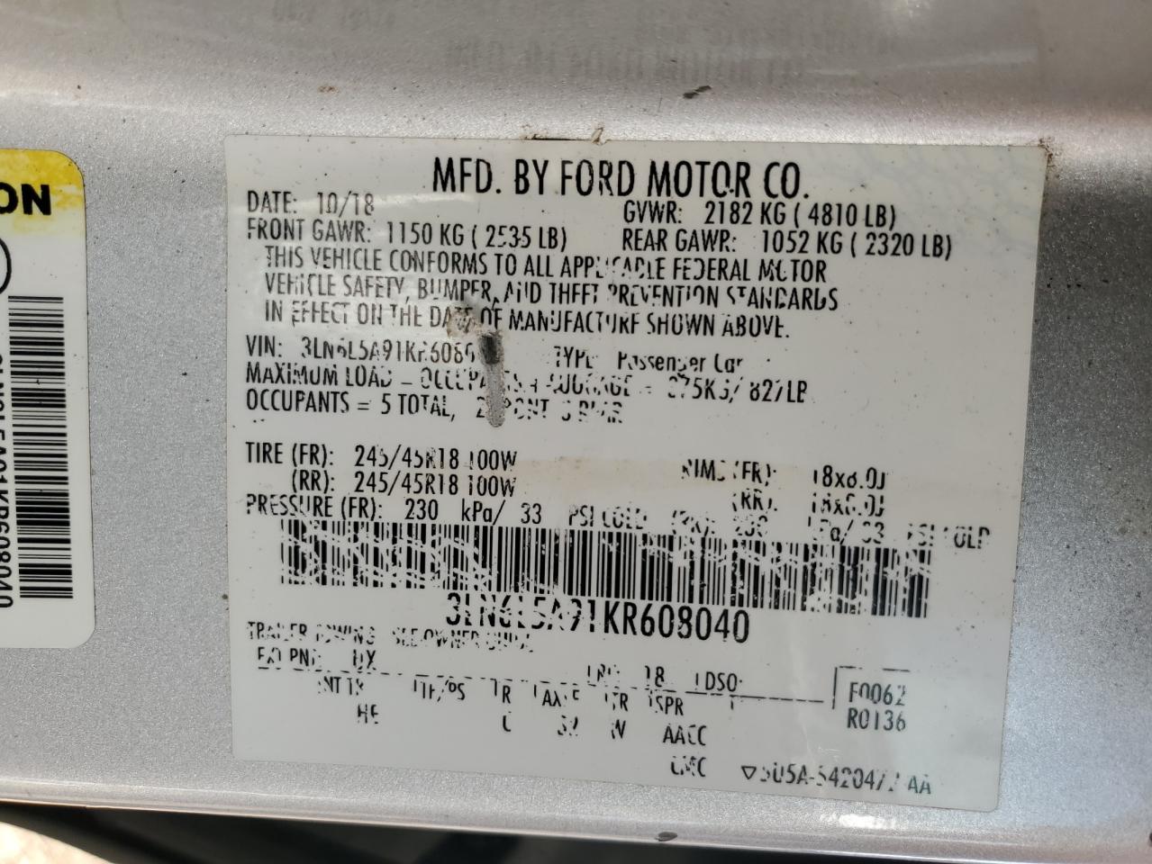 2019 Lincoln Mkz VIN: 3LN6L5A91KR608040 Lot: 84650205