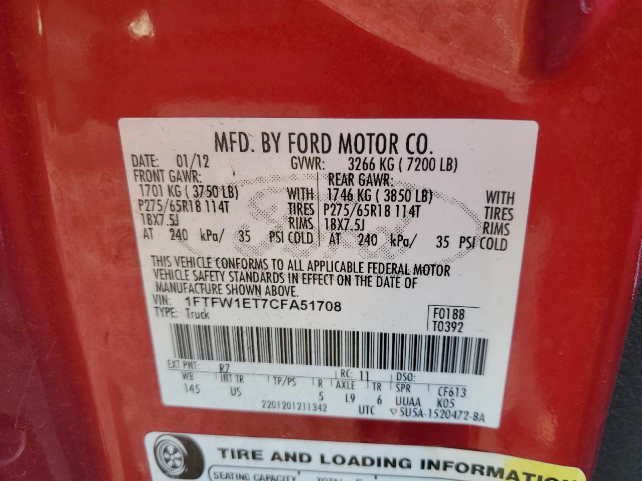 2012 Ford F150 Supercrew VIN: 1FTFW1ET7CFA51708 Lot: 86161985