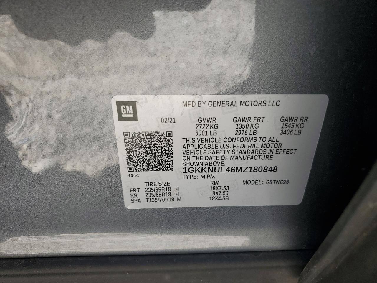 2021 GMC Acadia Slt VIN: 1GKKNUL46MZ180848 Lot: 84950185