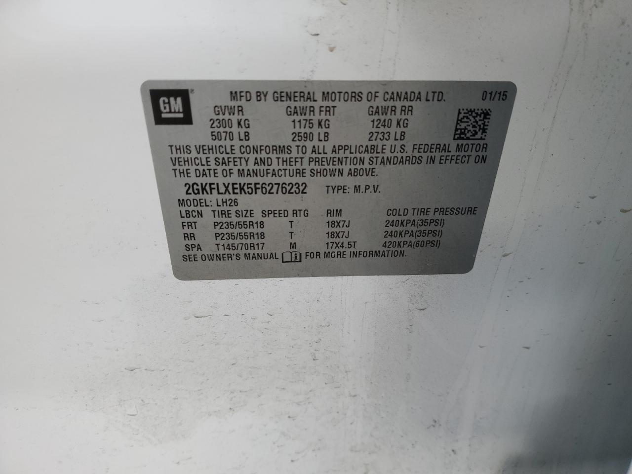 2015 GMC Terrain Slt VIN: 2GKFLXEK5F6276232 Lot: 90661505