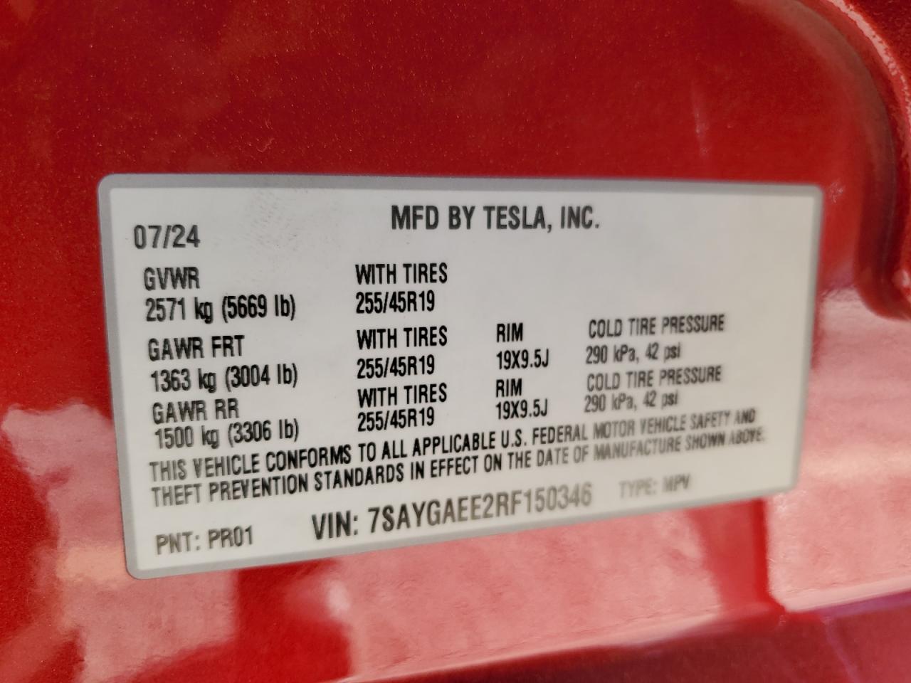 2024 Tesla Model Y VIN: 7SAYGAEE2RF150346 Lot: 85391945