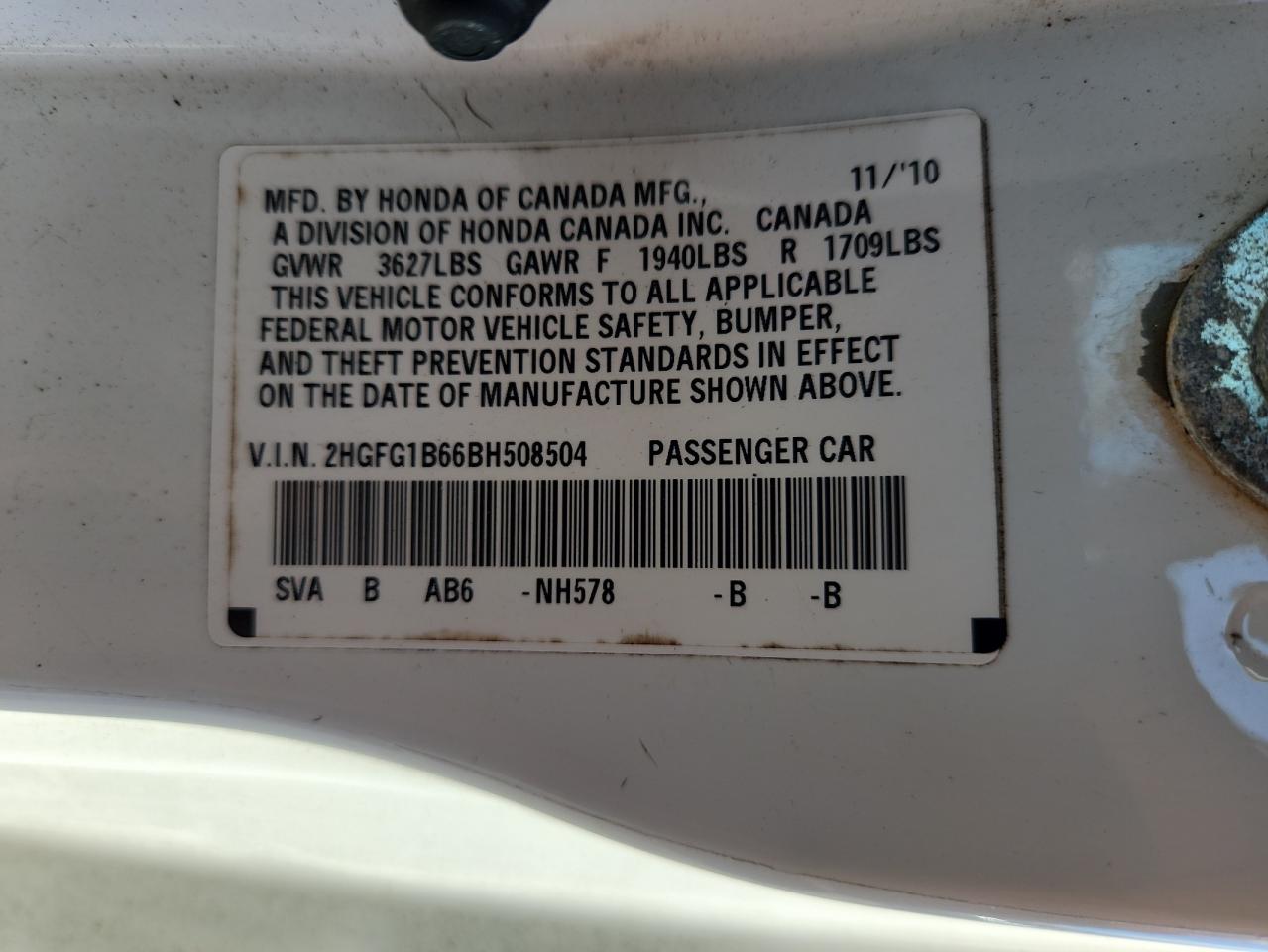 2011 Honda Civic Lx VIN: 2HGFG1B66BH508504 Lot: 87209995