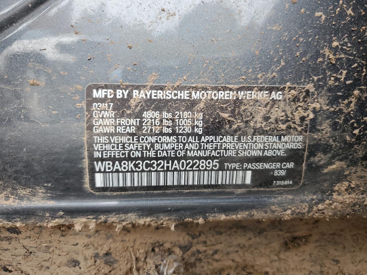 2017 BMW 330 Xi VIN: WBA8K3C32HA022895 Lot: 90292475