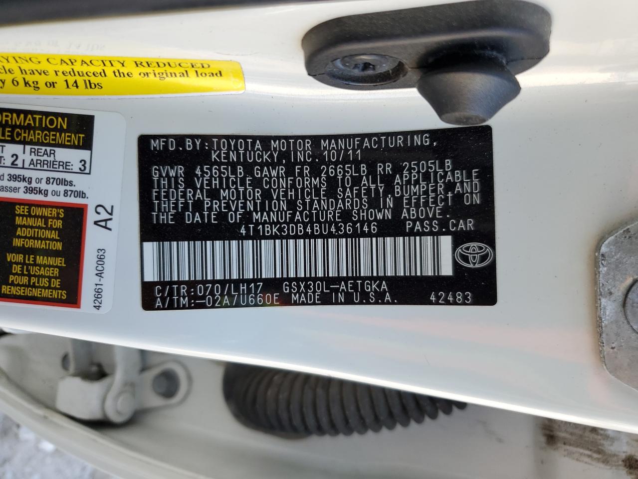 2011 Toyota Avalon Base VIN: 4T1BK3DB4BU436146 Lot: 86684965