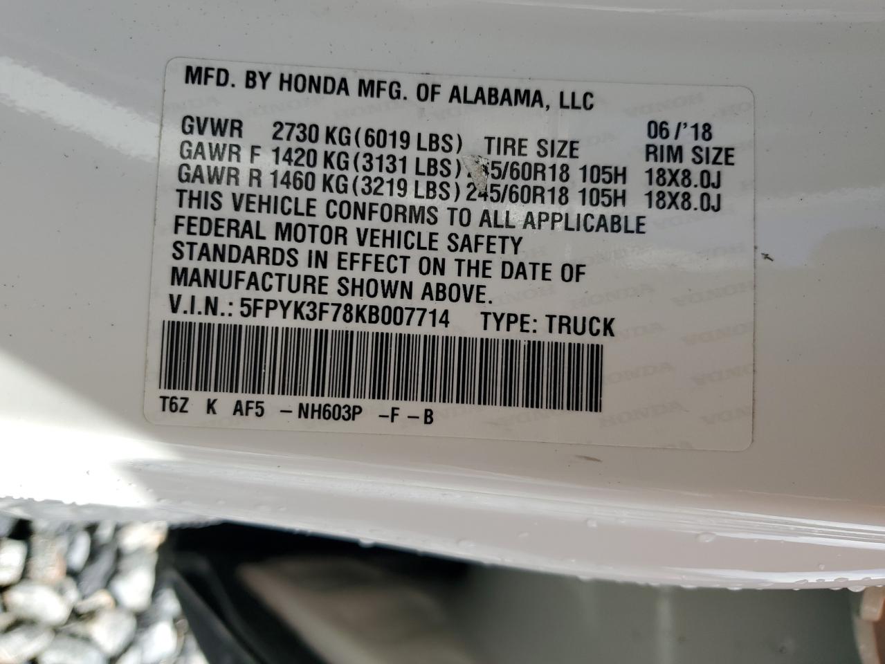 2019 Honda Ridgeline Rtl VIN: 5FPYK3F78KB007714 Lot: 85298665