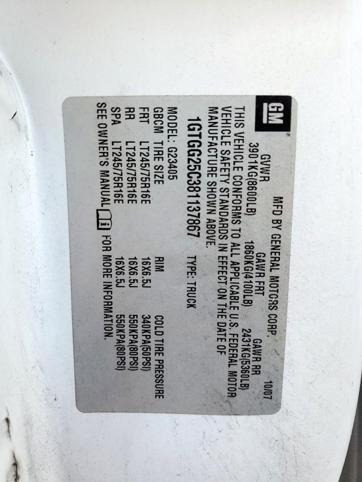 2008 GMC Savana G2500 VIN: 1GTGG25C381137867 Lot: 85491955