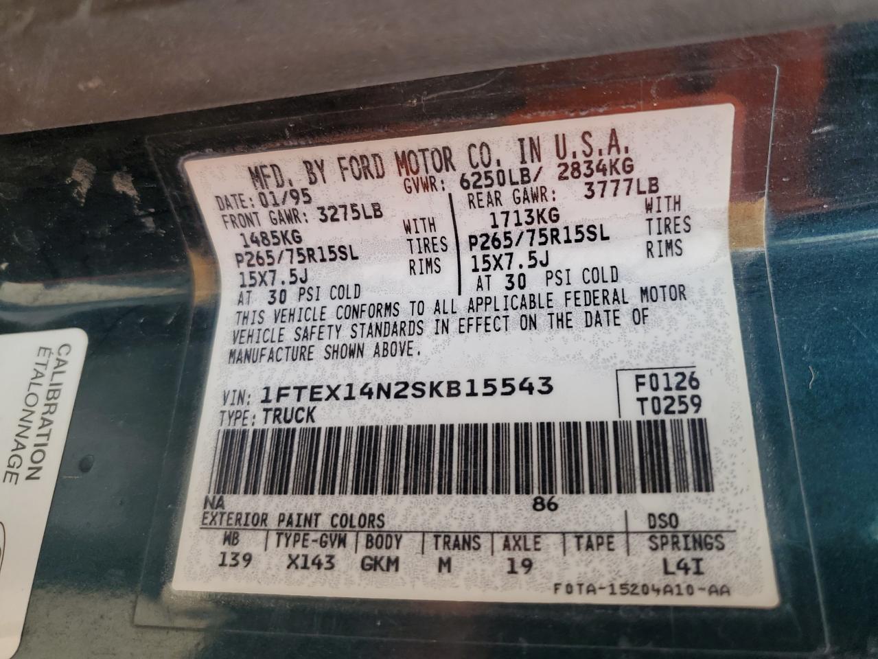 1995 Ford F150 VIN: 1FTEX14N2SKB15543 Lot: 86599665