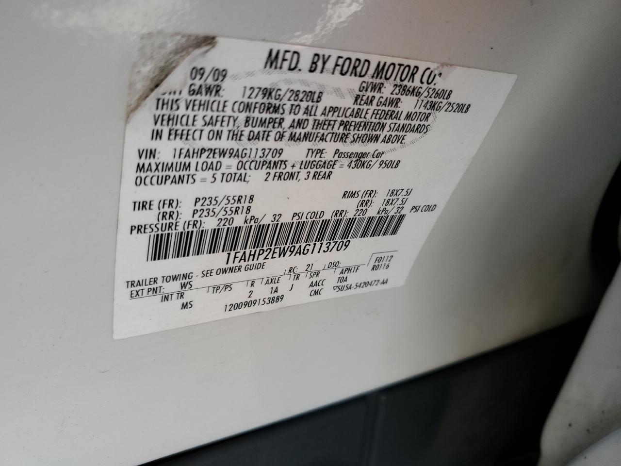 2010 Ford Taurus Sel VIN: 1FAHP2EW9AG113709 Lot: 84959115